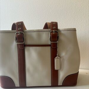 Vintage Coach Hampton leather carryall tote bag in cream and brown
